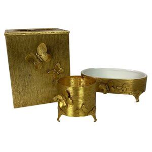 Vintage Stylebuilt 3-Piece Gold Plated Butterfly Bath Set Tissue Box Soap Lotion
